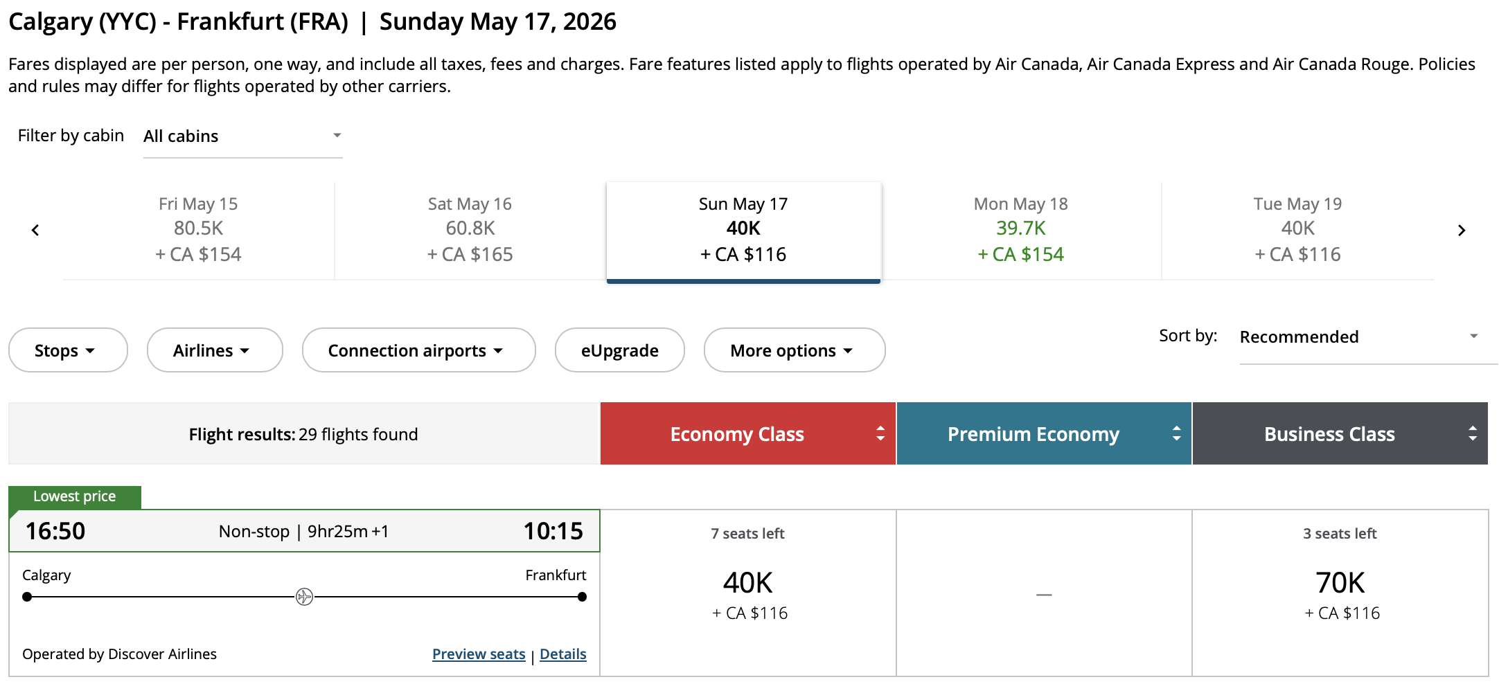 Calgary to Frankfurt Aeroplan – Outbound availability